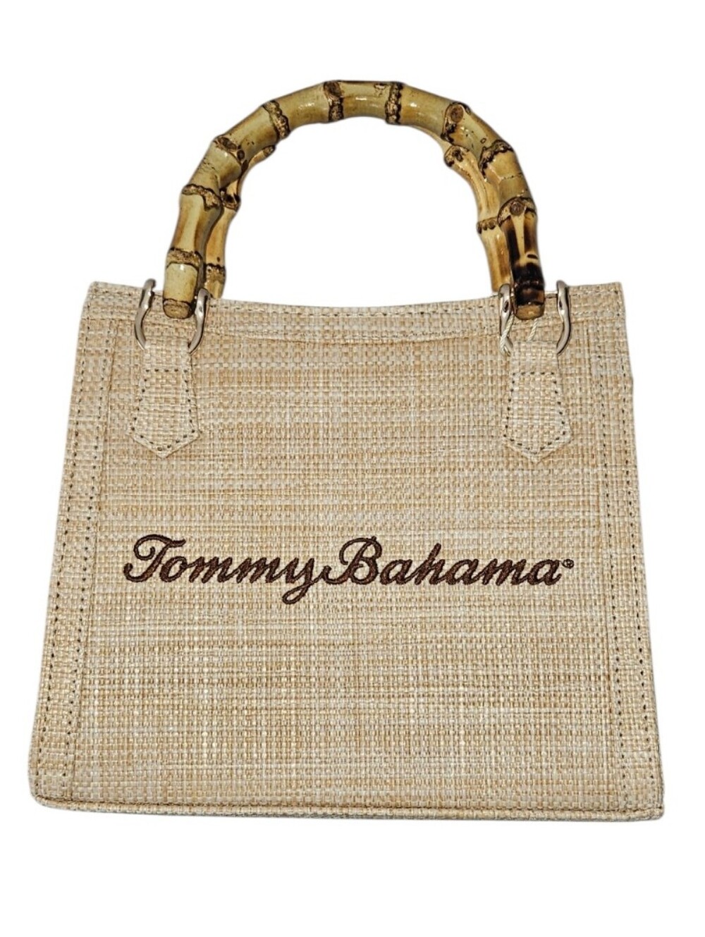 Tommy Bahama Natural Woven Tote Bag NWT Bamboo Handles Coastal Resort Style - Picture 2 of 15